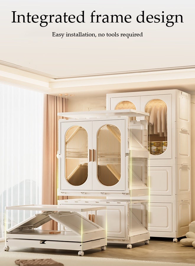 Spides 3 Tiers Foldable Closet Wardrobe Freestanding Portable Closet Storage Cabinet with Magnetic Snap Closure and Wheels Multi-functional Stackable Clothes Storage Bins with Hanging Rod Dust-Proof Collapsible Plastic Garment Cabinet for Clothing Organization in Bedroom & Office - Image 2